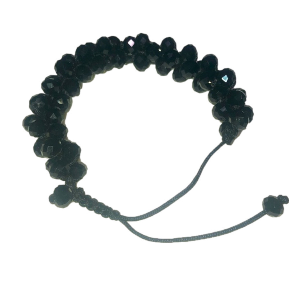 BLACK Crystal Cluster Beaded Adjsutable Woven Cord Bracelet OS